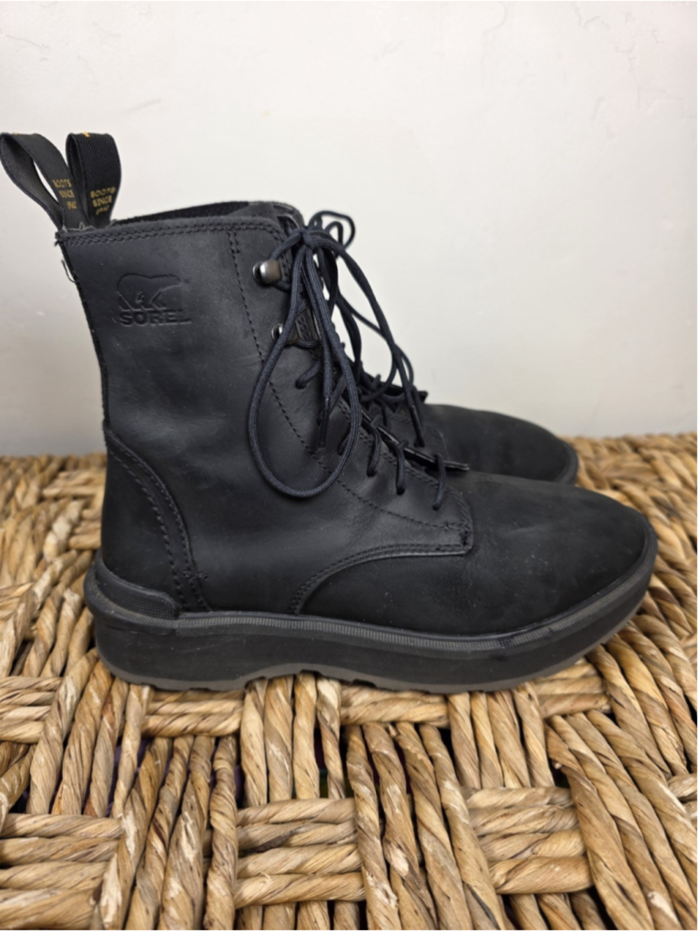 SOREL Hi-Line Lace Boots Women 6.5 Black Leather Waterproof Combat Ankle - Picture 2 of 10